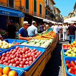 ** "A bustling outdoor market in Naples, overflowing with fresh produce, vibrant fabrics, and local crafts under a bright Mediterranean sun.  Lots of people, vibrant colors, Vespas parked nearby."

**
