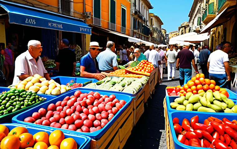 ** "A bustling outdoor market in Naples, overflowing with fresh produce, vibrant fabrics, and local crafts under a bright Mediterranean sun. Lots of people, vibrant colors, Vespas parked nearby."
**