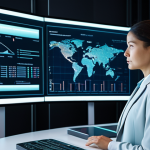 A professional female industrial property consultant in a modest business suit, fully clothed and in appropriate attire, is depicted in a sleek, high-tech office. She is focused, observing a holographic projection that visualizes complex algorithms and intellectual property data, symbolizing the intersection of AI with patent protection. The background features large digital screens displaying technical diagrams.