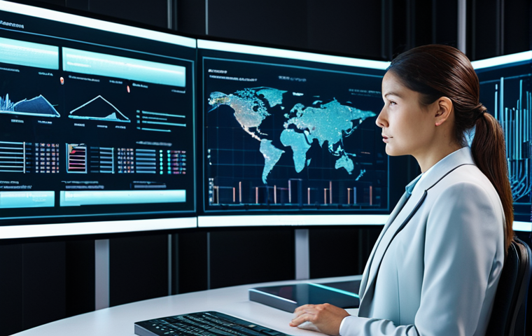 A professional female industrial property consultant in a modest business suit, fully clothed and in appropriate attire, is depicted in a sleek, high-tech office. She is focused, observing a holographic projection that visualizes complex algorithms and intellectual property data, symbolizing the intersection of AI with patent protection. The background features large digital screens displaying technical diagrams.