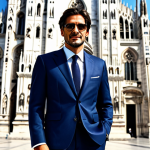 ** A successful Italian entrepreneur, fully clothed in a stylish, modern suit (professional dress), standing confidently in front of the Duomo di Milano. Safe for work, appropriate content, perfect anatomy, natural proportions, professional photography, high quality. Family-friendly.

**