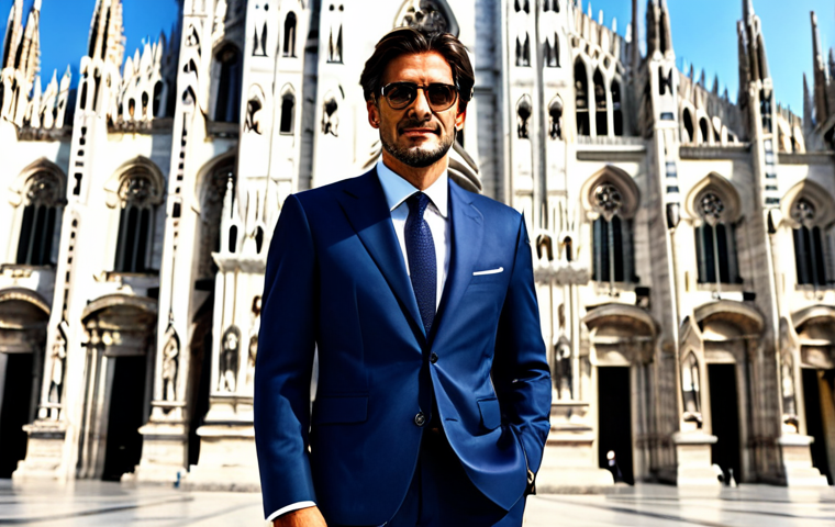 ** A successful Italian entrepreneur, fully clothed in a stylish, modern suit (professional dress), standing confidently in front of the Duomo di Milano. Safe for work, appropriate content, perfect anatomy, natural proportions, professional photography, high quality. Family-friendly.

**