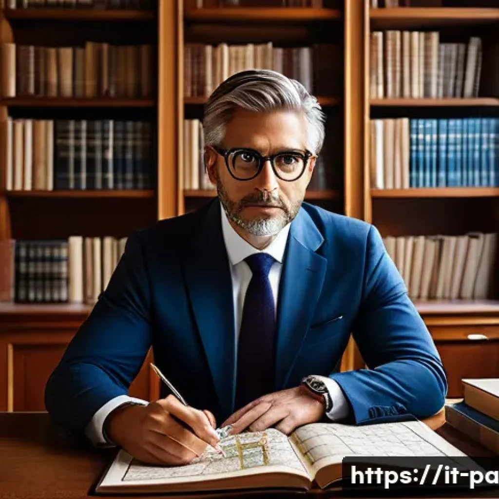 변리사 시험 실무 사례 - **"The Labyrinth of Intellectual Property Strategy"**
    A highly focused, smartly dressed (busines...
