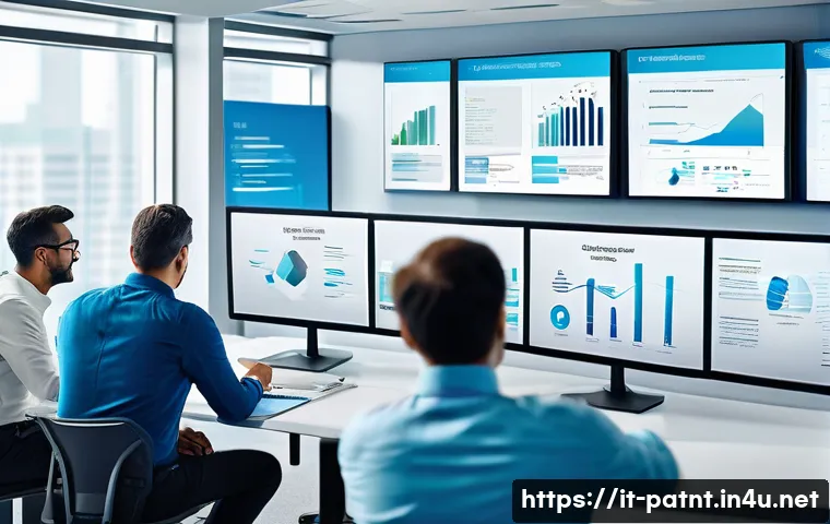 변리사 실무를 위한 필수 소프트웨어 - A modern office scene featuring a diverse team of intellectual property consultants collaborating ar...