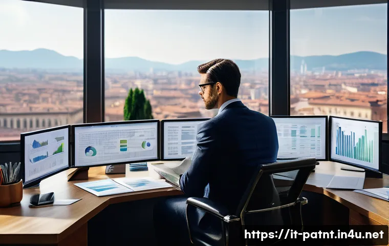 변리사 실무에서의 성공적인 사례 공유 - A professional intellectual property consultant in a modern Italian office, analyzing complex patent...