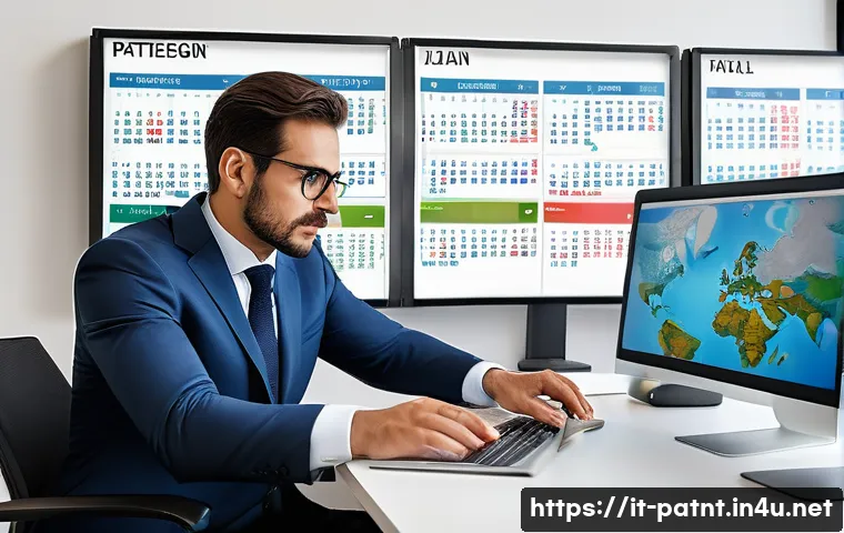 변리사 실무 중 빈번한 오류 - A professional office scene showing an intellectual property consultant managing a complex digital c...