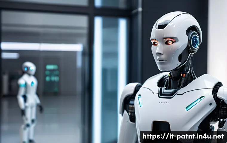 변리사와 로봇 기술 특허 사례 - A futuristic intelligent humanoid robot standing confidently in a sleek, modern Italian research lab...