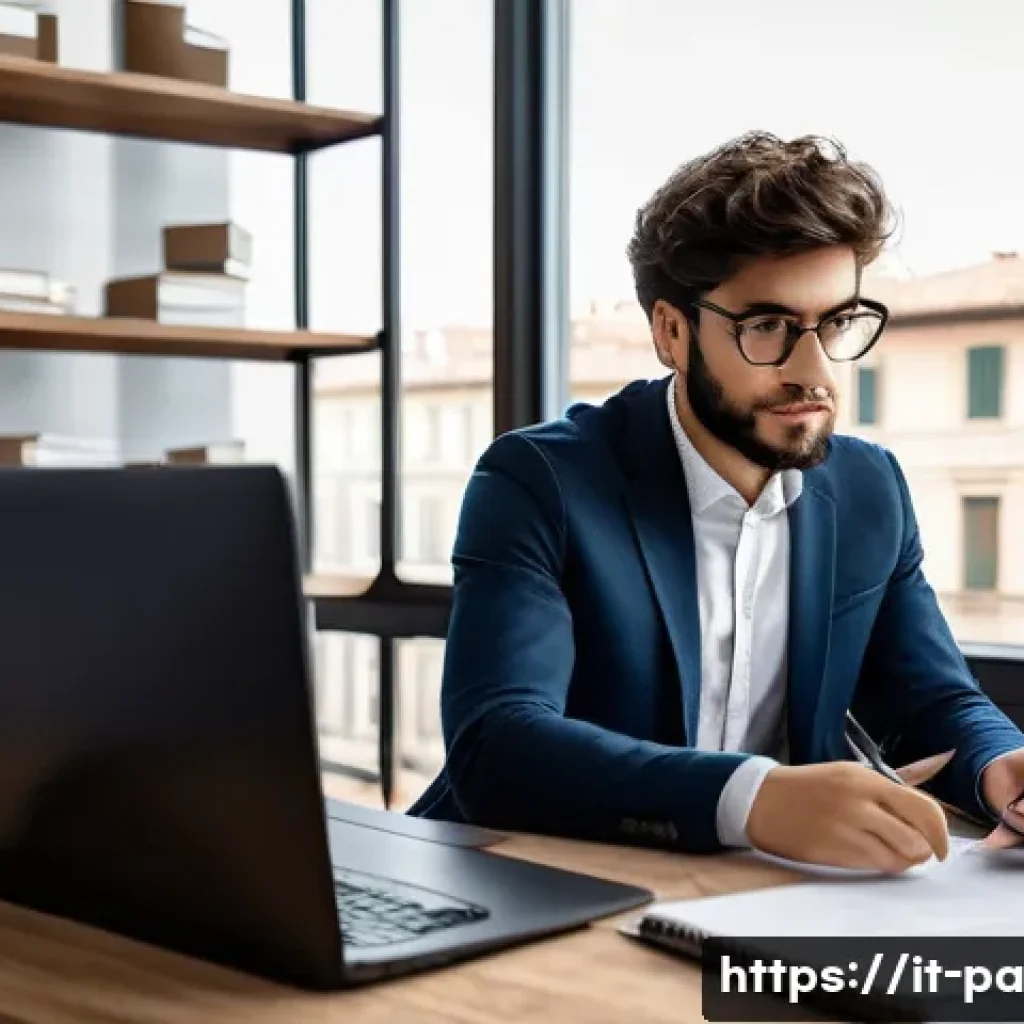 변리사 수습 과정 - A professional office scene showing an Italian intellectual property internship in progress: a young...