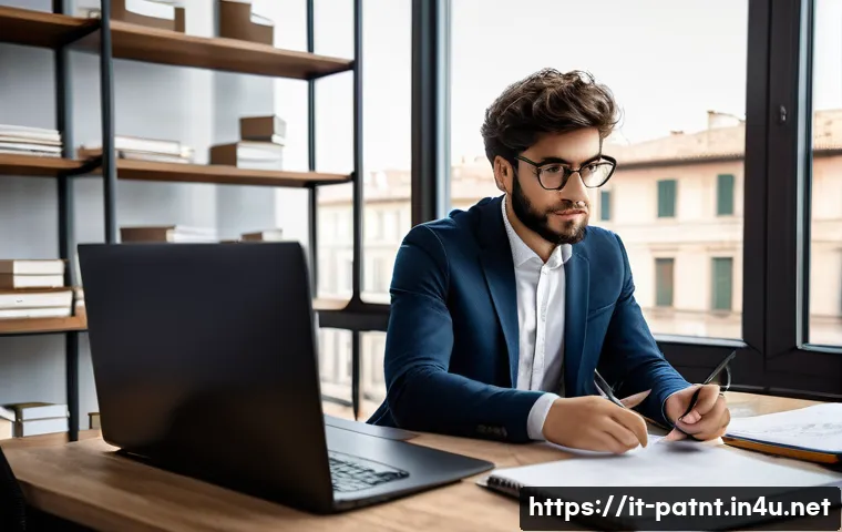 변리사 수습 과정 - A professional office scene showing an Italian intellectual property internship in progress: a young...