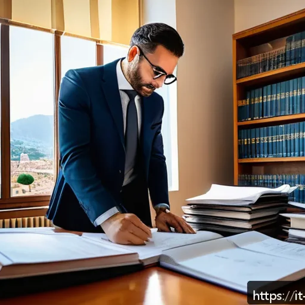 변리사 시험 합격률 통계 - A focused Italian professional in a modern office setting, intensely studying complex legal and tech...