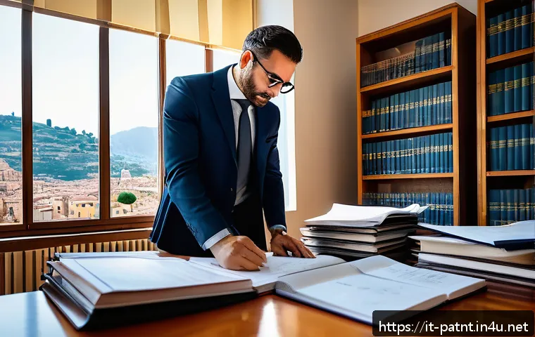 변리사 시험 합격률 통계 - A focused Italian professional in a modern office setting, intensely studying complex legal and tech...