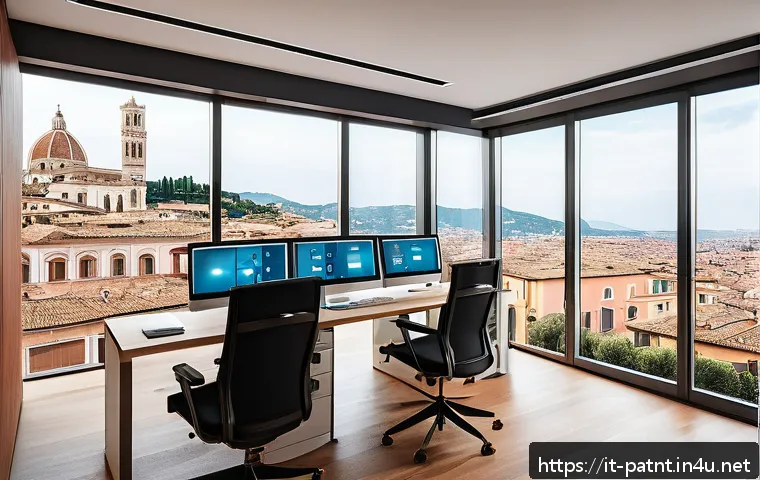 변리사 실무 프로젝트 관리 - A professional patent consultant’s modern office workspace in Italy, with a sleek desk featuring mul...