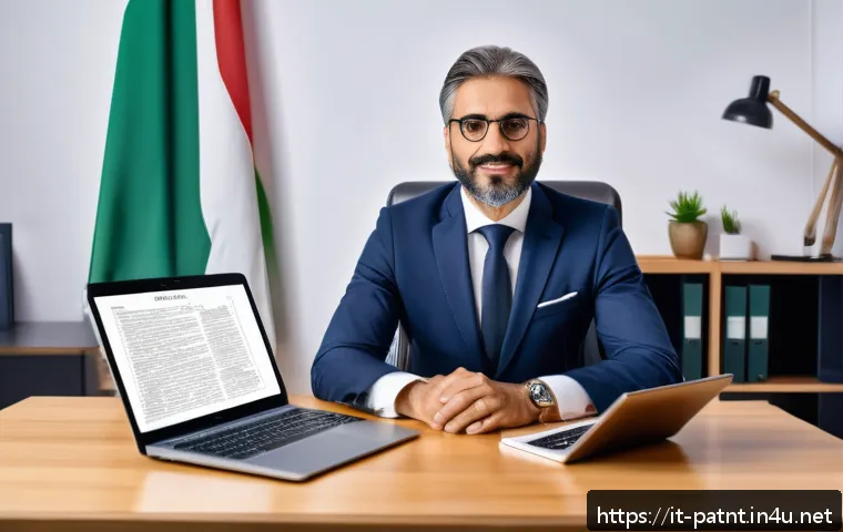 변리사로서의 지속적인 학습 - A modern office setting featuring a professional Italian patent expert attending an online webinar o...