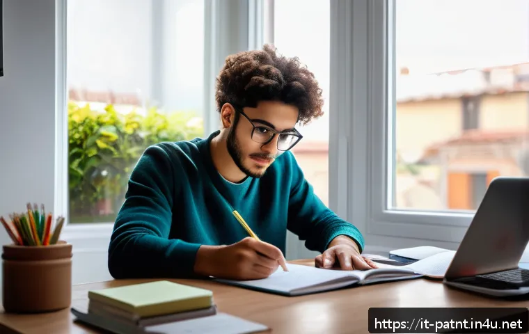 변리사 시험 필수 서적 - A focused Italian student studying for the patent exam in a cozy, modern home office, surrounded by ...
