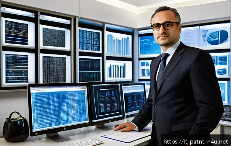 변리사 실무 기술 강의 - A professional intellectual property consultant in a modern Italian office setting, surrounded by pa...