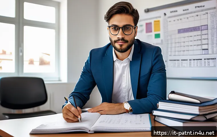 변리사 시험 후기 - A professional study scene showing an Italian patent consultant candidate preparing for the exam in ...