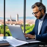 Home 22 변리사 시험 합격 이후 과정 - A professional Italian patent consultant in a modern office setting, wearing business casual attire ...