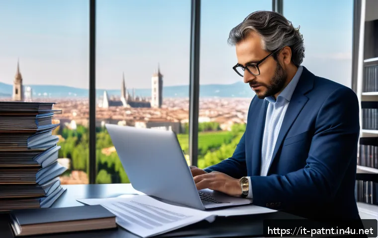 변리사 시험 합격 이후 과정 - A professional Italian patent consultant in a modern office setting, wearing business casual attire ...
