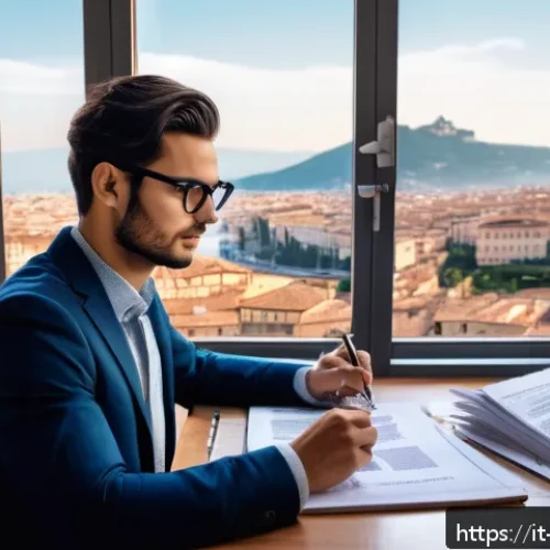 Home 33 변리사 시험 합격생 인터뷰 - A focused young professional studying patent law in a modern Italian home office, surrounded by lega...