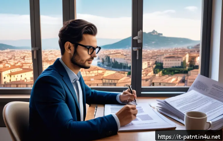 변리사 시험 합격생 인터뷰 - A focused young professional studying patent law in a modern Italian home office, surrounded by lega...