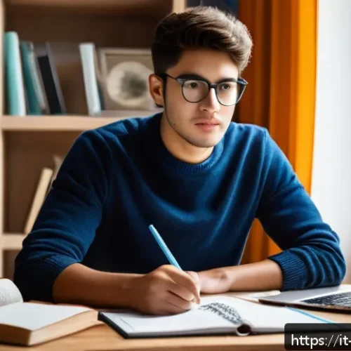 Home 32 변리사 시험 가이드북 리뷰 - A focused Italian student in a cozy home study room, surrounded by books on intellectual property la...