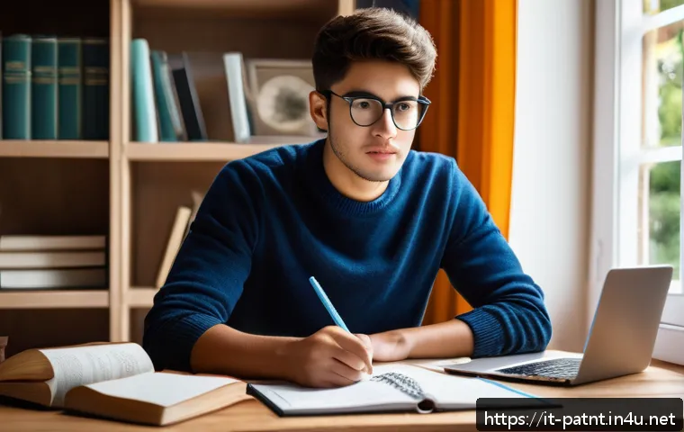 변리사 시험 가이드북 리뷰 - A focused Italian student in a cozy home study room, surrounded by books on intellectual property la...