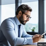 Home 19 변리사 이직 성공 사례 - A professional patent consultant in a modern office environment, analyzing market trends on multiple...