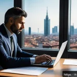 Home 23 변리사로서의 커리어 패스 - A professional Italian intellectual property consultant in a modern office setting, surrounded by bo...