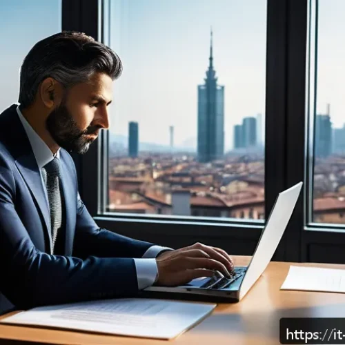 Home 17 변리사로서의 커리어 패스 - A professional Italian intellectual property consultant in a modern office setting, surrounded by bo...