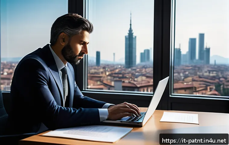 변리사로서의 커리어 패스 - A professional Italian intellectual property consultant in a modern office setting, surrounded by bo...